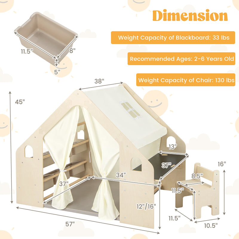 *6-in-1 Kids Play Tent Playhouse with Blackboard 6 Storage Bins and Floor Cushion - Beige
