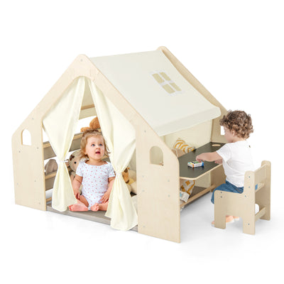 *6-in-1 Kids Play Tent Playhouse with Blackboard 6 Storage Bins and Floor Cushion - Beige