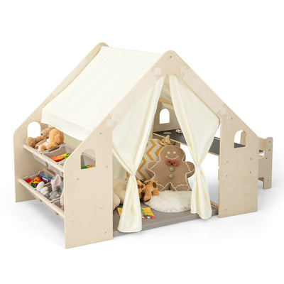 *6-in-1 Kids Play Tent Playhouse with Blackboard 6 Storage Bins and Floor Cushion - Beige