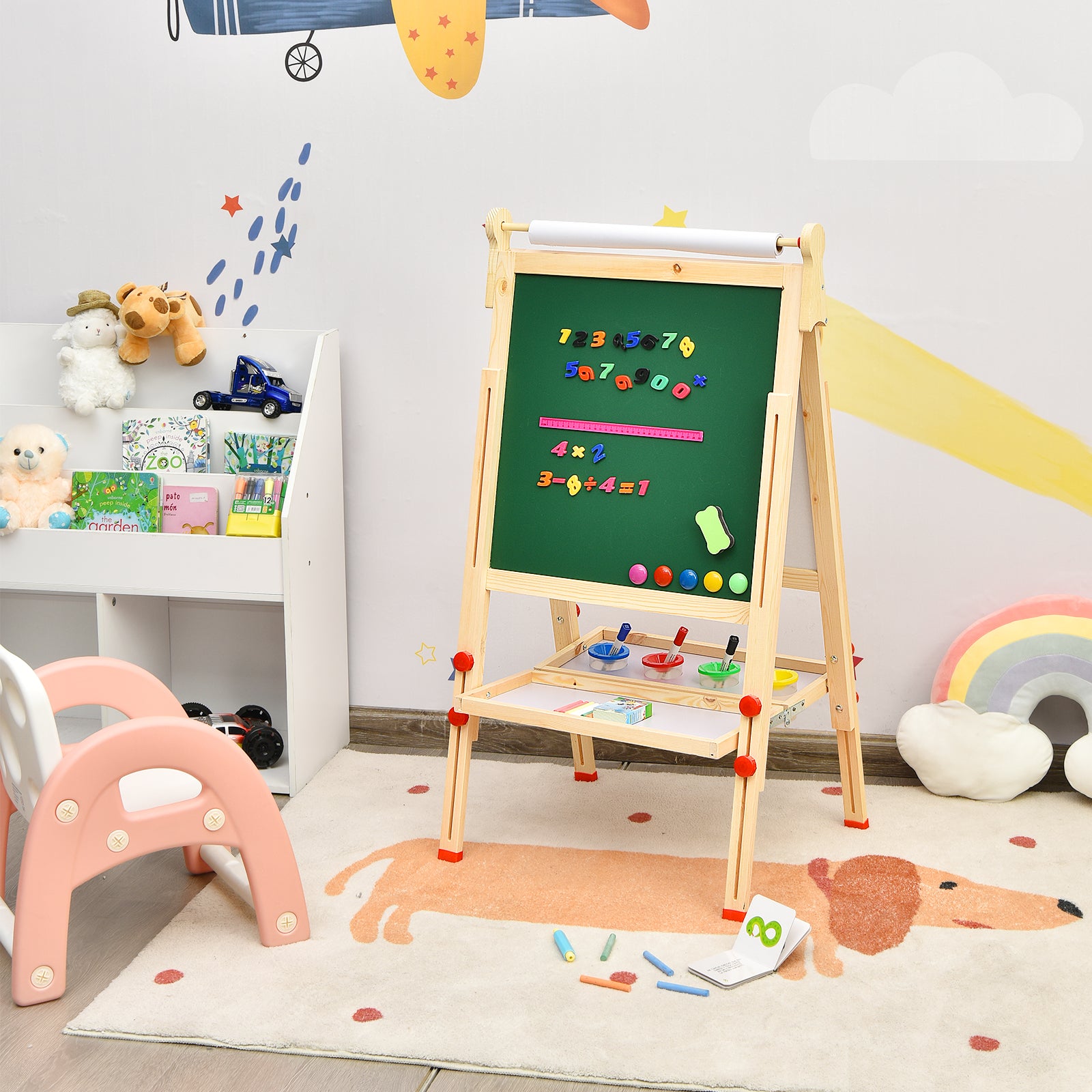 Kids Art Easel with Paper Roll Double-Sided Regulable Drawing Easel Pl