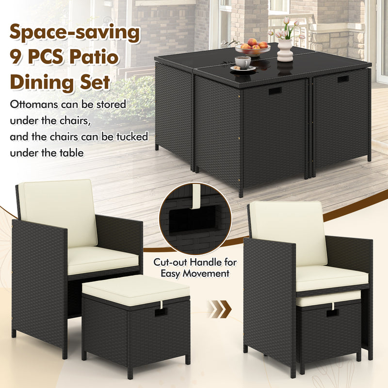 9 PCS Outdoor Dining Furniture Set with Tempered Glass Table and Ottomans-White