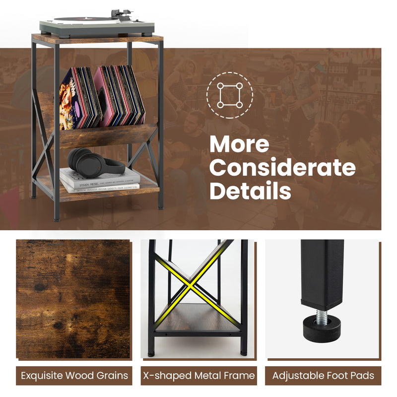 3-Tier Industrial Side Table with V-shaped Bookshelf for Living Room-Rustic Brown