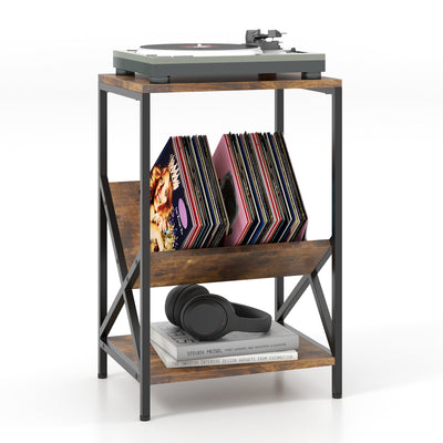 3-Tier Industrial Side Table with V-shaped Bookshelf for Living Room-Rustic Brown