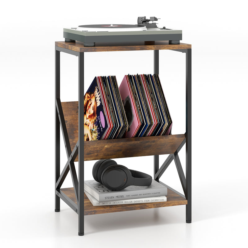 3-Tier Industrial Side Table with V-shaped Bookshelf for Living Room-Rustic Brown