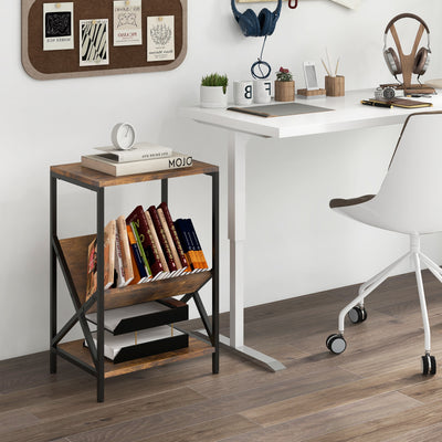 3-Tier Industrial Side Table with V-shaped Bookshelf for Living Room-Rustic Brown