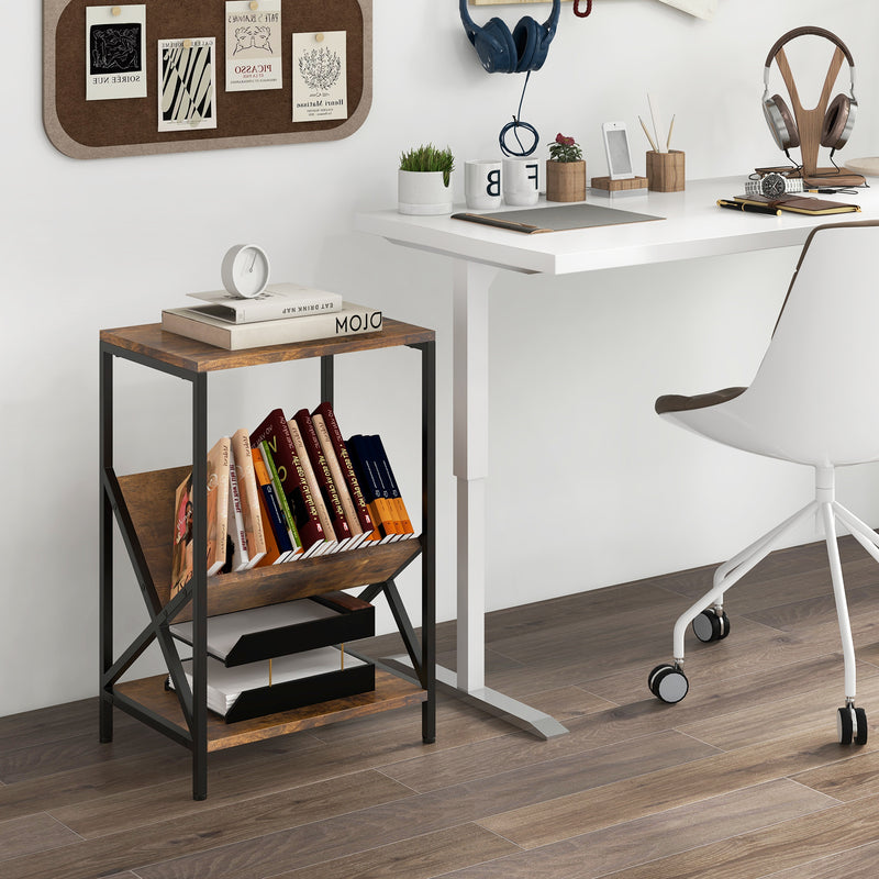 3-Tier Industrial Side Table with V-shaped Bookshelf for Living Room-Rustic Brown