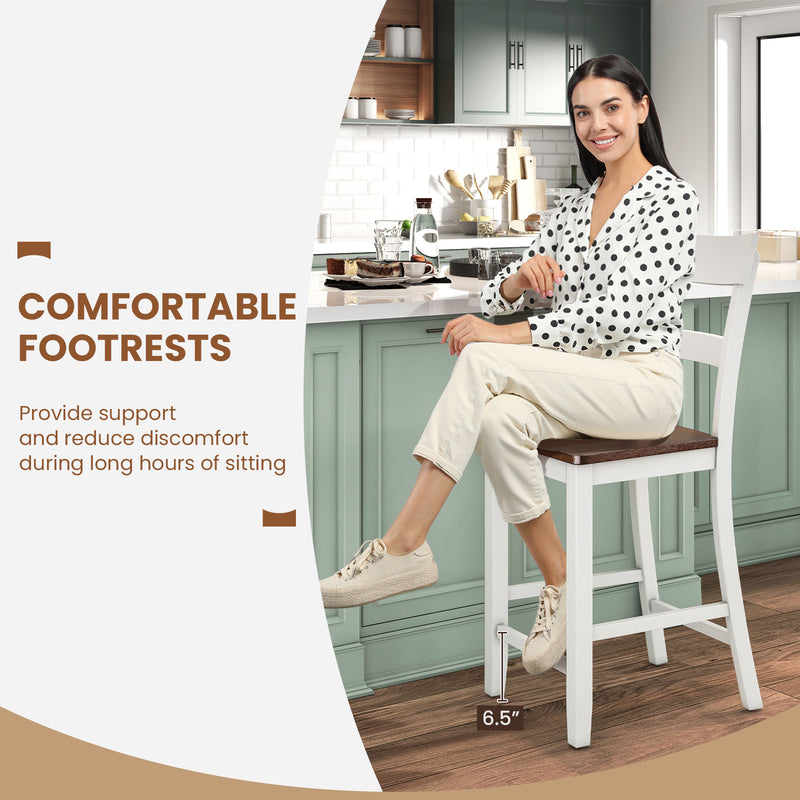Farmhouse Dining Bar Stool Set of 2 with Solid Rubber Wood Frame-White