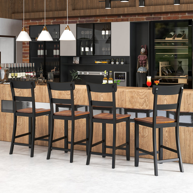 Farmhouse Dining Bar Stool Set of 2 with Solid Rubber Wood Frame-Black
