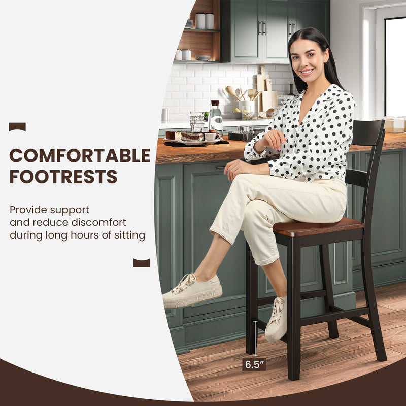 Farmhouse Dining Bar Stool Set of 2 with Solid Rubber Wood Frame-Black