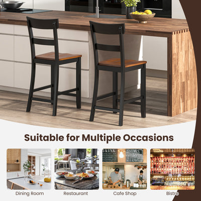 Farmhouse Dining Bar Stool Set of 2 with Solid Rubber Wood Frame-Black