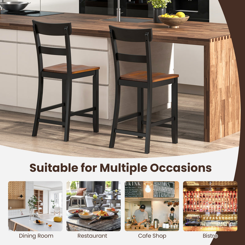 Farmhouse Dining Bar Stool Set of 2 with Solid Rubber Wood Frame-Black