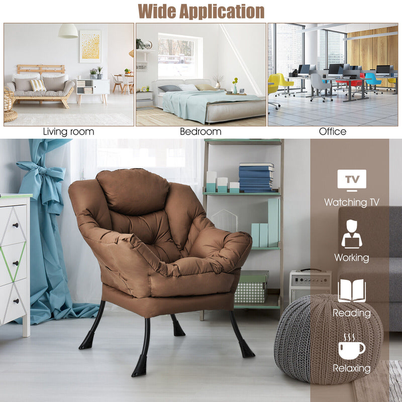 Modern Polyester Fabric Lazy Chair with Steel Frame and Side Pocket-Brown