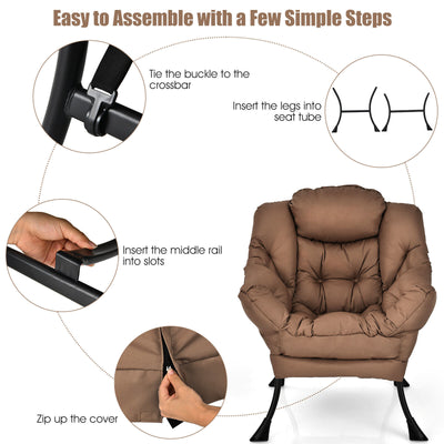 Modern Polyester Fabric Lazy Chair with Steel Frame and Side Pocket-Brown