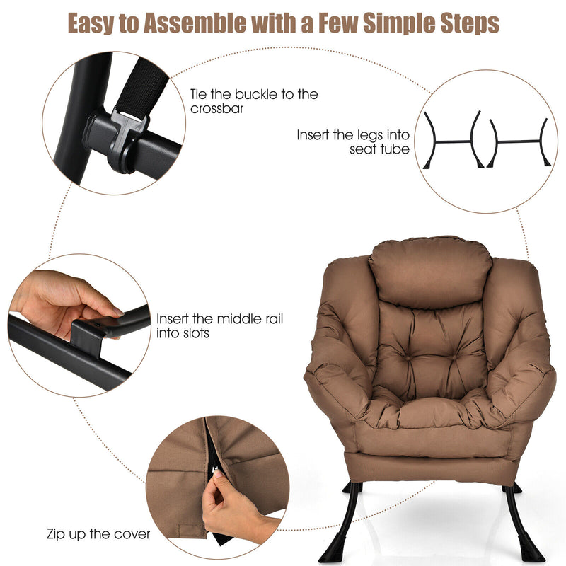 Modern Polyester Fabric Lazy Chair with Steel Frame and Side Pocket-Brown