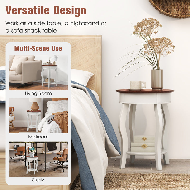 2-Tier Round End Table with Storage Shelf and Solid Rubber Wood Legs-W