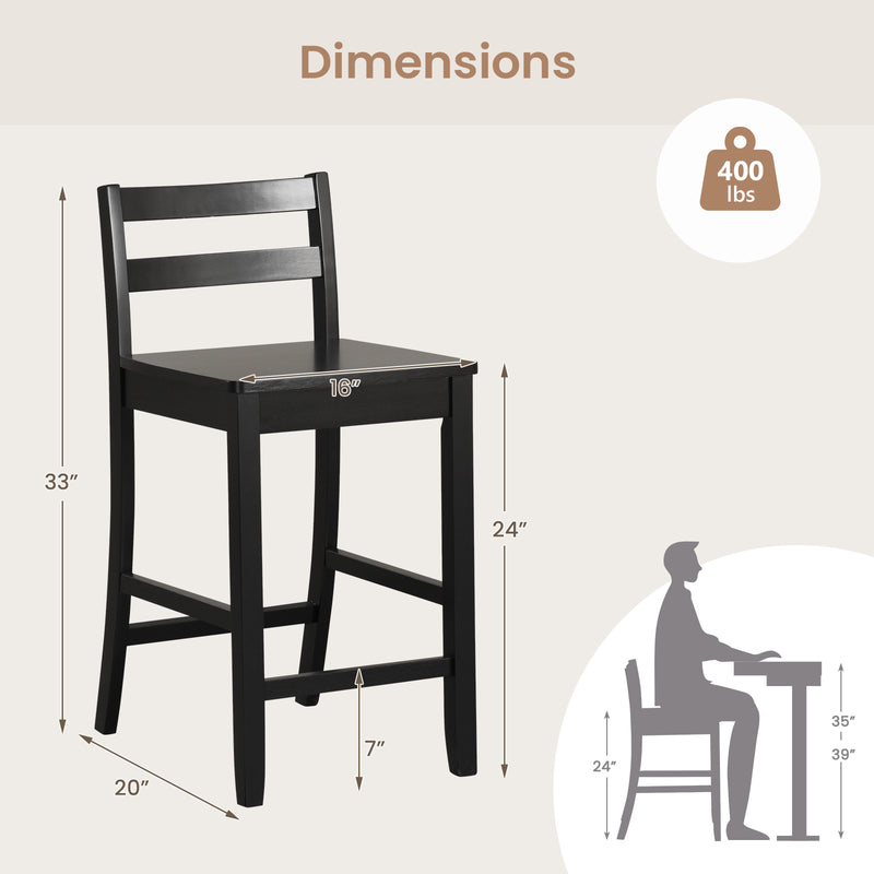 Wooden Bar Stools Set of 2 with Ergonomic Backrest and Footrest-Black