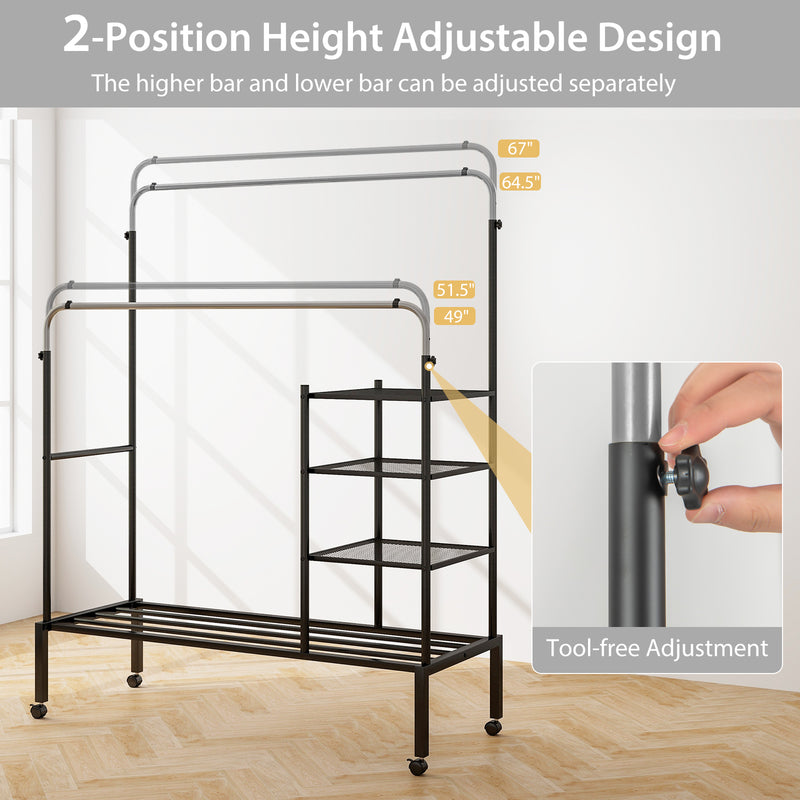 Rolling Double Rods Garment Rack with Height Adjustable Hanging Bars-Silver