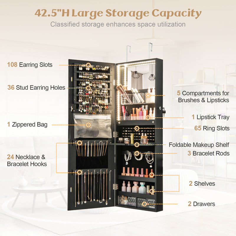 Wall Mounted Jewelry Cabinet with Full-Length Mirror-Black