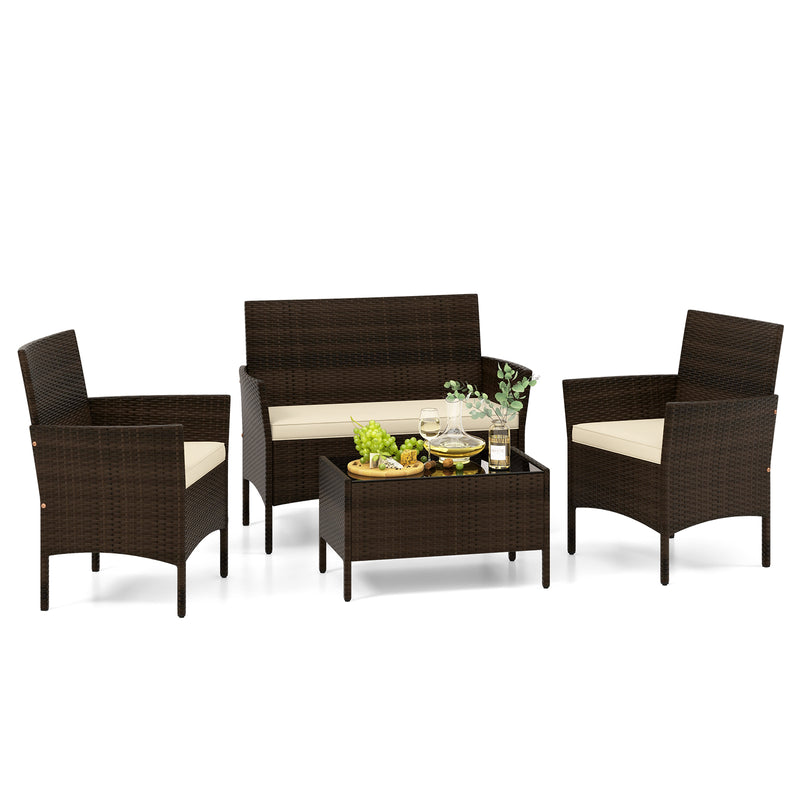 4 Piece Patio Rattan Conversation Set with Cozy Seat Cushions-Beige