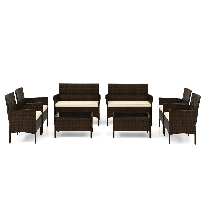 4 Piece Patio Rattan Conversation Set with Cozy Seat Cushions-Beige