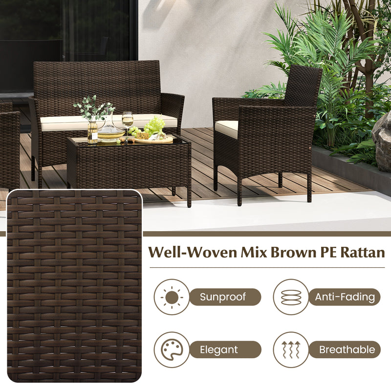 4 Piece Patio Rattan Conversation Set with Cozy Seat Cushions-Beige