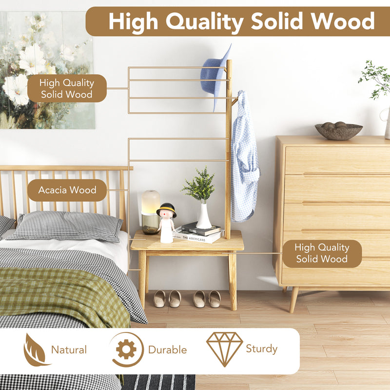 End Table with Coat Rack Solid Wood Coat Tree with 2-in-1 Side Table-Natural