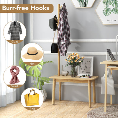 End Table with Coat Rack Solid Wood Coat Tree with 2-in-1 Side Table-Natural