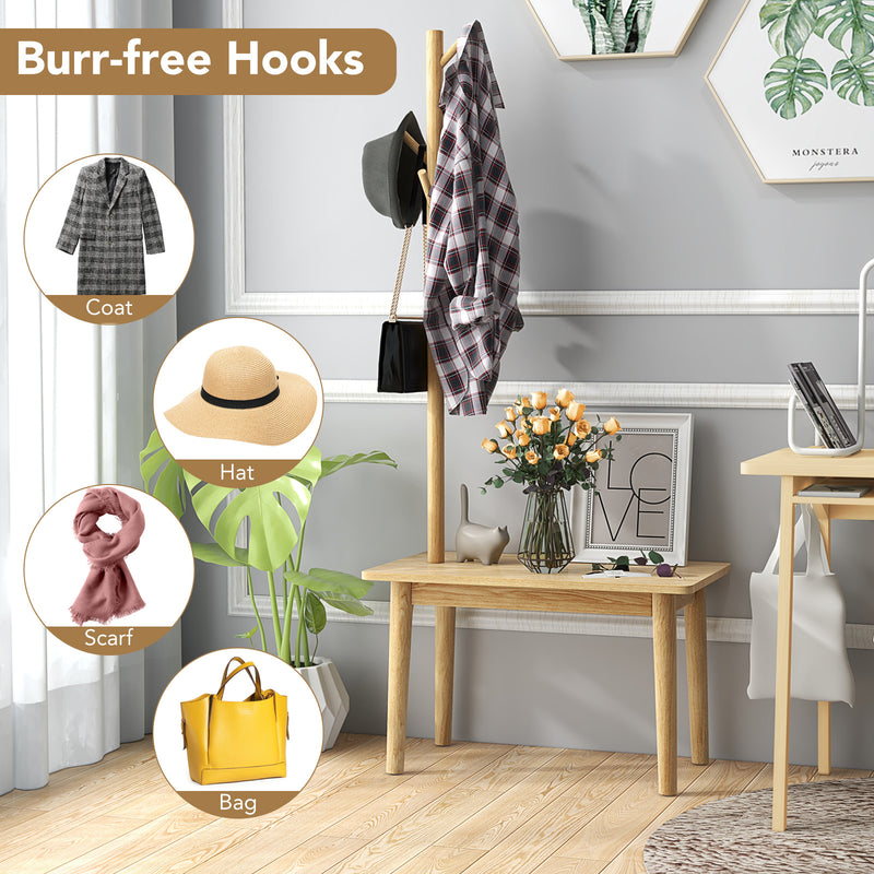 End Table with Coat Rack Solid Wood Coat Tree with 2-in-1 Side Table-Natural