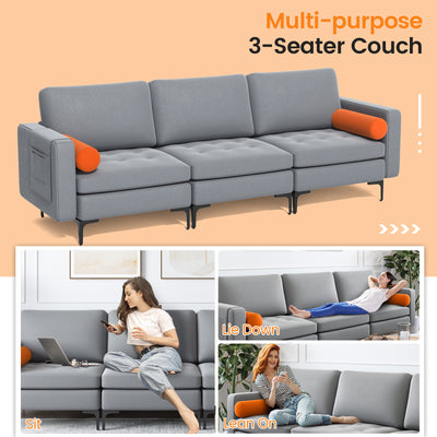 Modular 3-Seat Sofa Couch with Socket USB Ports and Side Storage Pocket-Gray