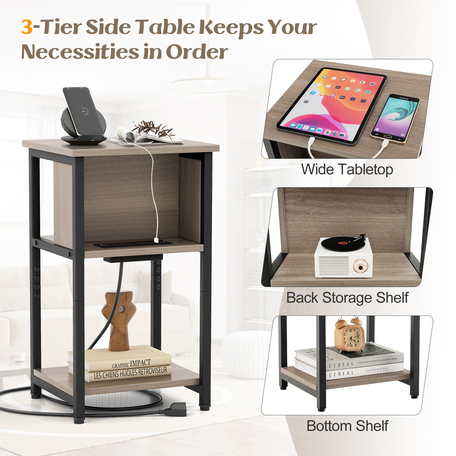 3-Tier End Table with USB Ports & Power Outlets-2 Pieces