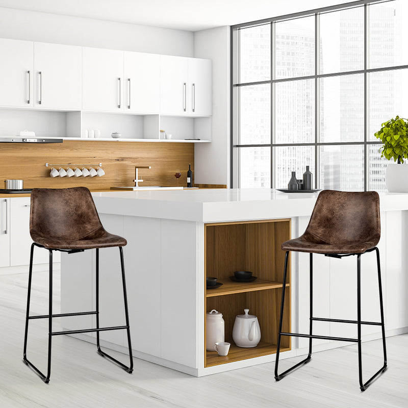 Set of 2 Bar Stool Faux Suede Upholstered Chairs-Brown