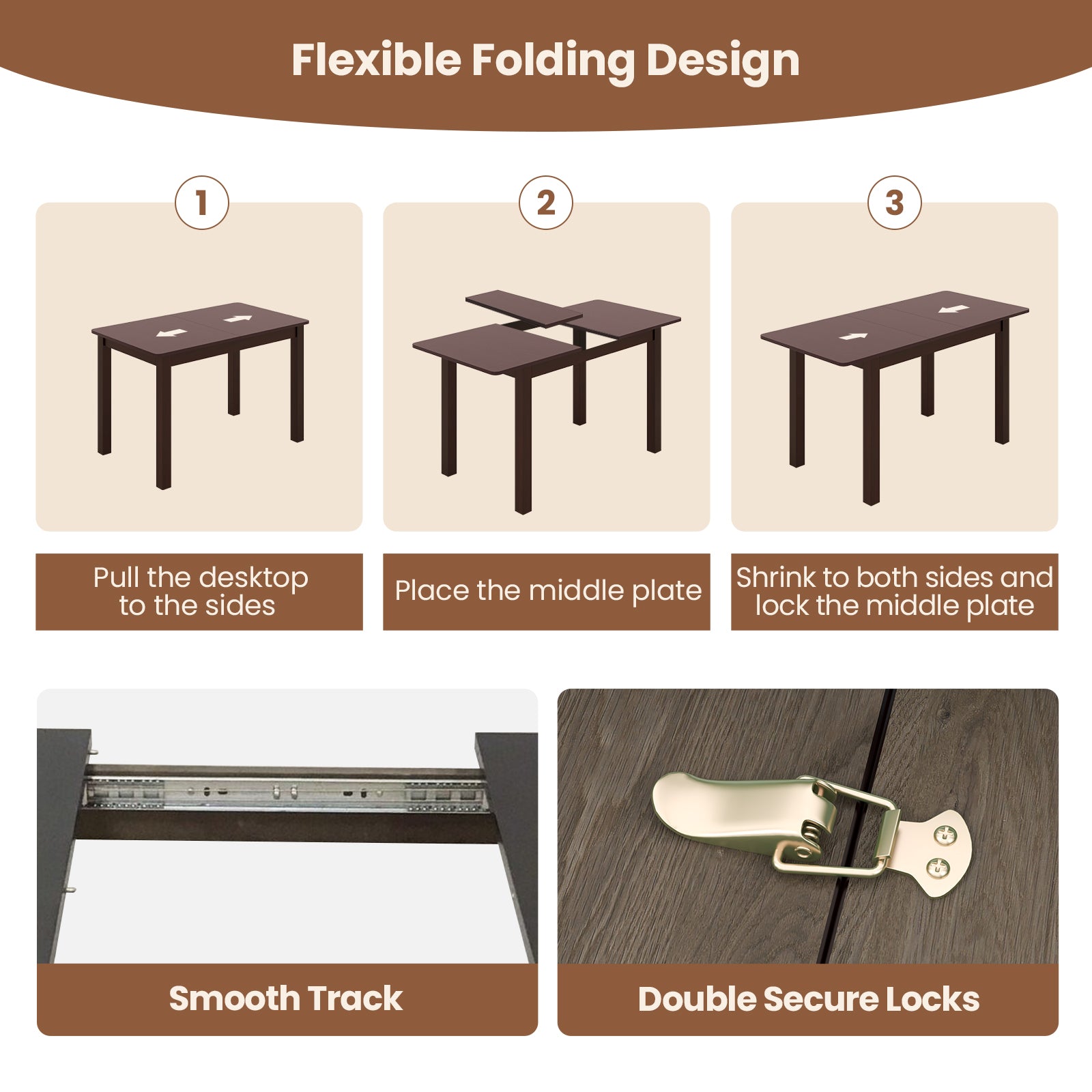 Extendable Folding Dining Table with Rubber Wood Frame and Safety Lock