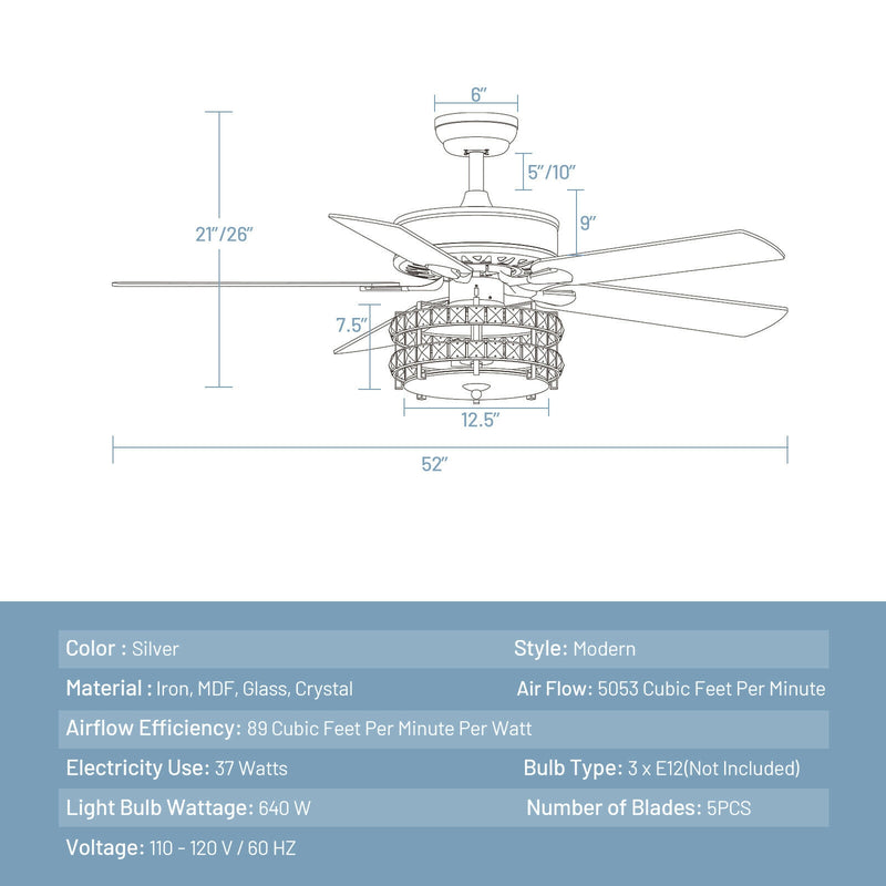 52 Inch Classical Crystal Ceiling Fan Lamp