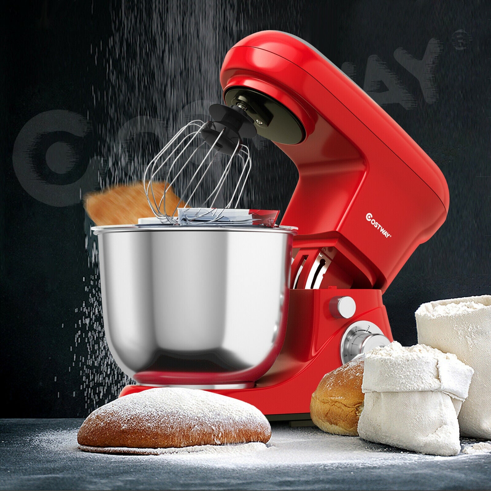 5.3 Qt Stand Kitchen Food Mixer 6 Speed with Dough Hook Beater-Red ...