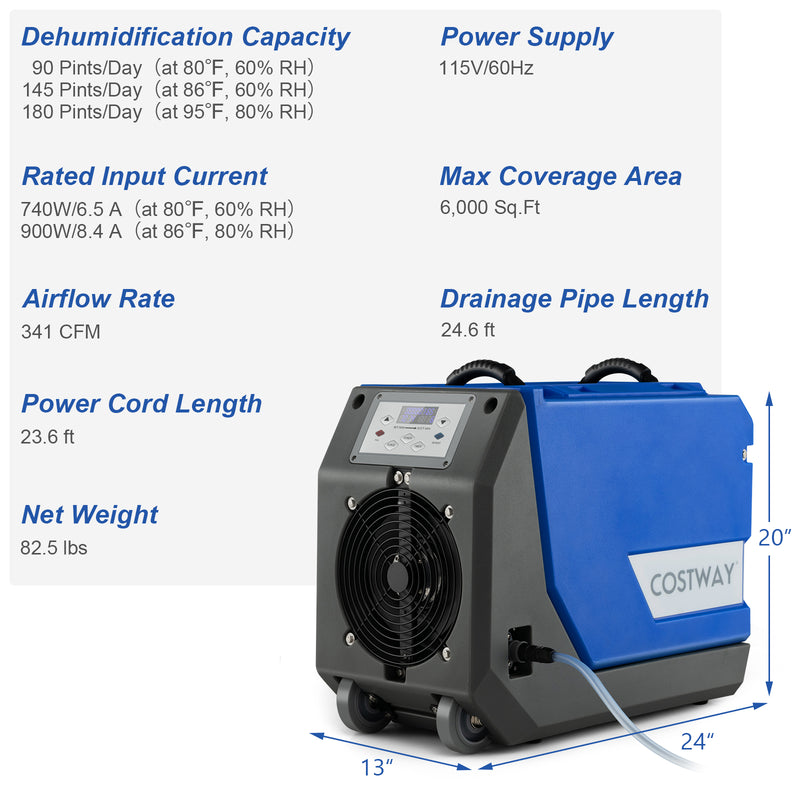 *180 PPD Commercial Dehumidifier with Pump Drain Hose and Wheels - Blue