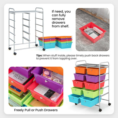 10-Drawer Rolling Storage Cart-Deep Multicolor