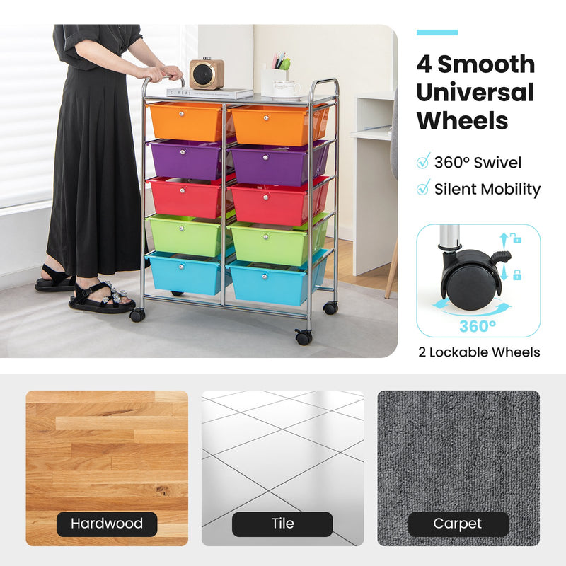 10-Drawer Rolling Storage Cart-Deep Multicolor