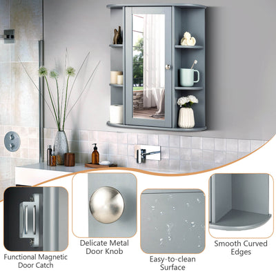 Bathroom Single Door Shelves Wall Mount Cabinet with Mirror-Gray