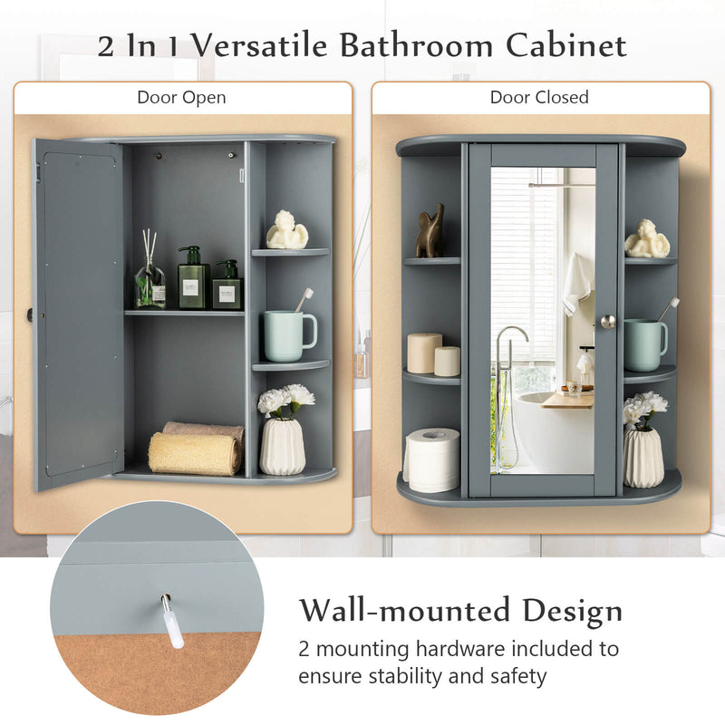 Bathroom Single Door Shelves Wall Mount Cabinet with Mirror-Gray
