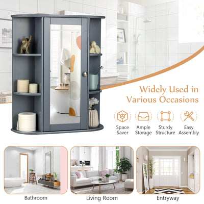 Bathroom Single Door Shelves Wall Mount Cabinet with Mirror-Gray