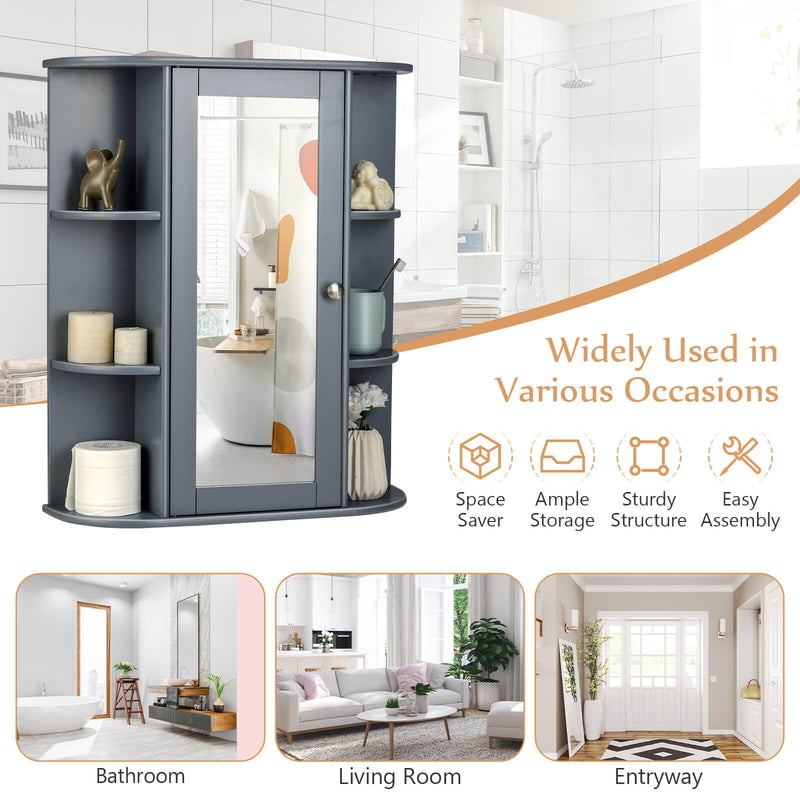 Bathroom Single Door Shelves Wall Mount Cabinet with Mirror-Gray