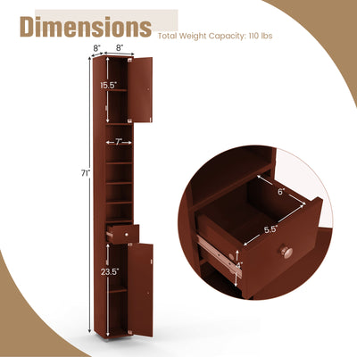 Freestanding Slim Bathroom Cabinet with Drawer and Adjustable Shelves-Brown
