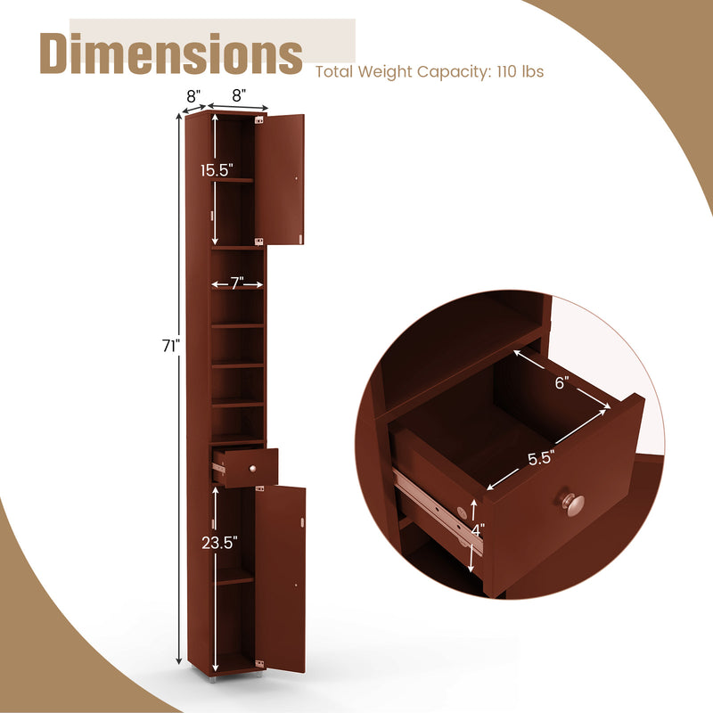 Freestanding Slim Bathroom Cabinet with Drawer and Adjustable Shelves-Brown
