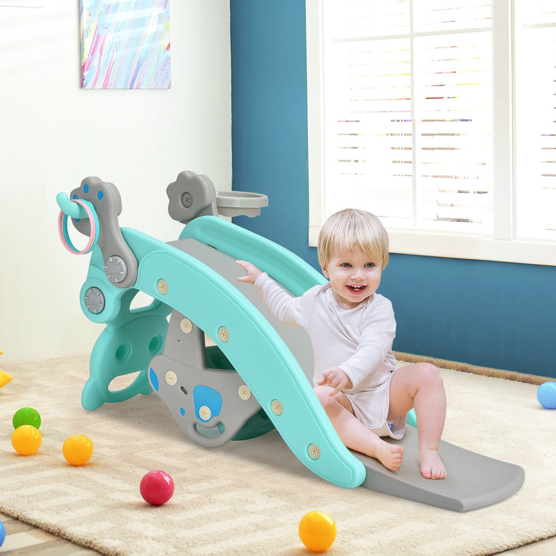 *4-in-1 Toddler Slide and Rocking Horse Playset with Basketball Hoop - Blue