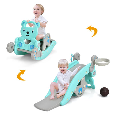 *4-in-1 Toddler Slide and Rocking Horse Playset with Basketball Hoop - Blue