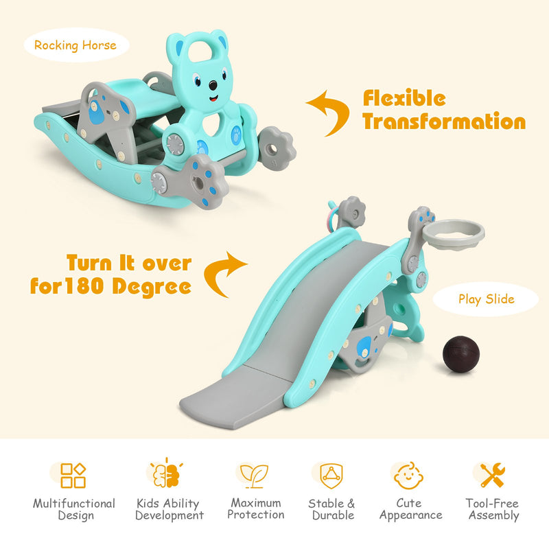 *4-in-1 Toddler Slide and Rocking Horse Playset with Basketball Hoop - Blue