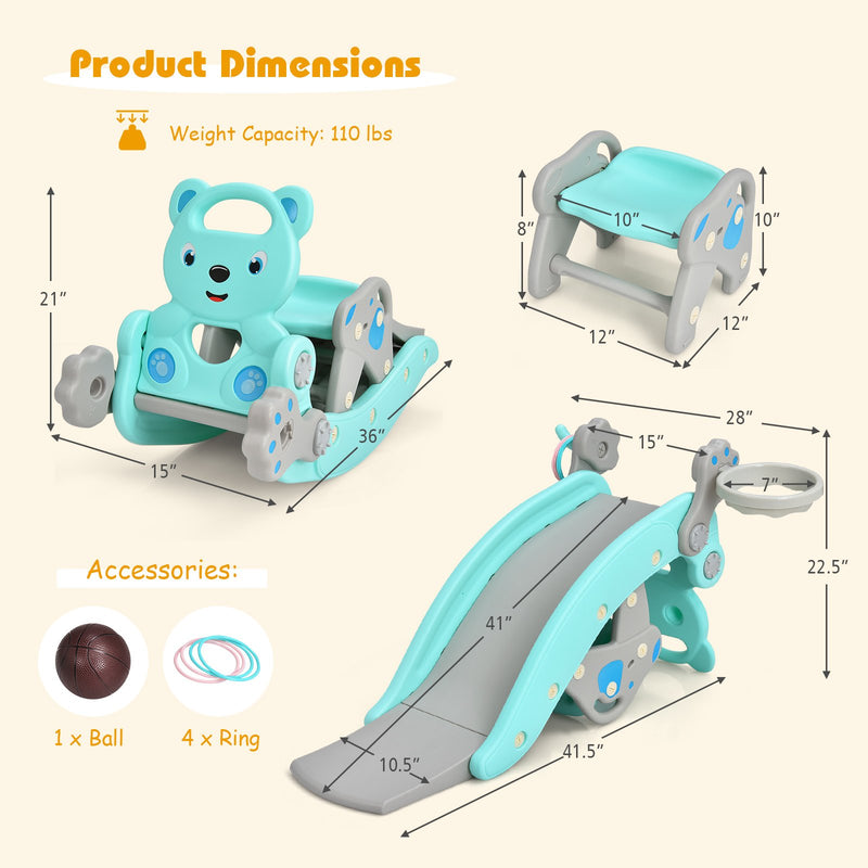 *4-in-1 Toddler Slide and Rocking Horse Playset with Basketball Hoop - Blue
