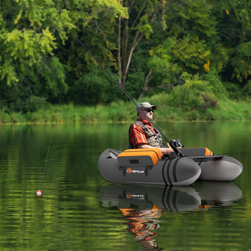 *Inflatable Fishing Float Tube with Fish Ruler and Pump Storage Pockets - Gray