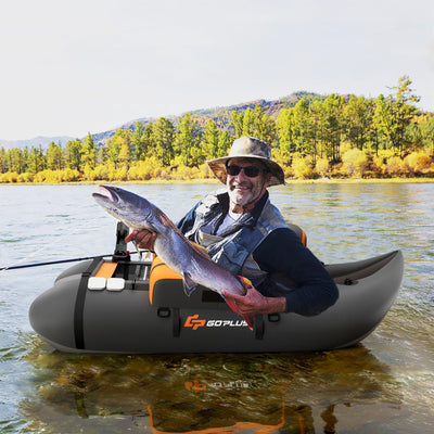 *Inflatable Fishing Float Tube with Fish Ruler and Pump Storage Pockets - Gray