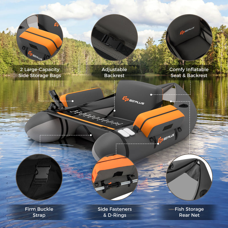 *Inflatable Fishing Float Tube with Fish Ruler and Pump Storage Pockets - Gray